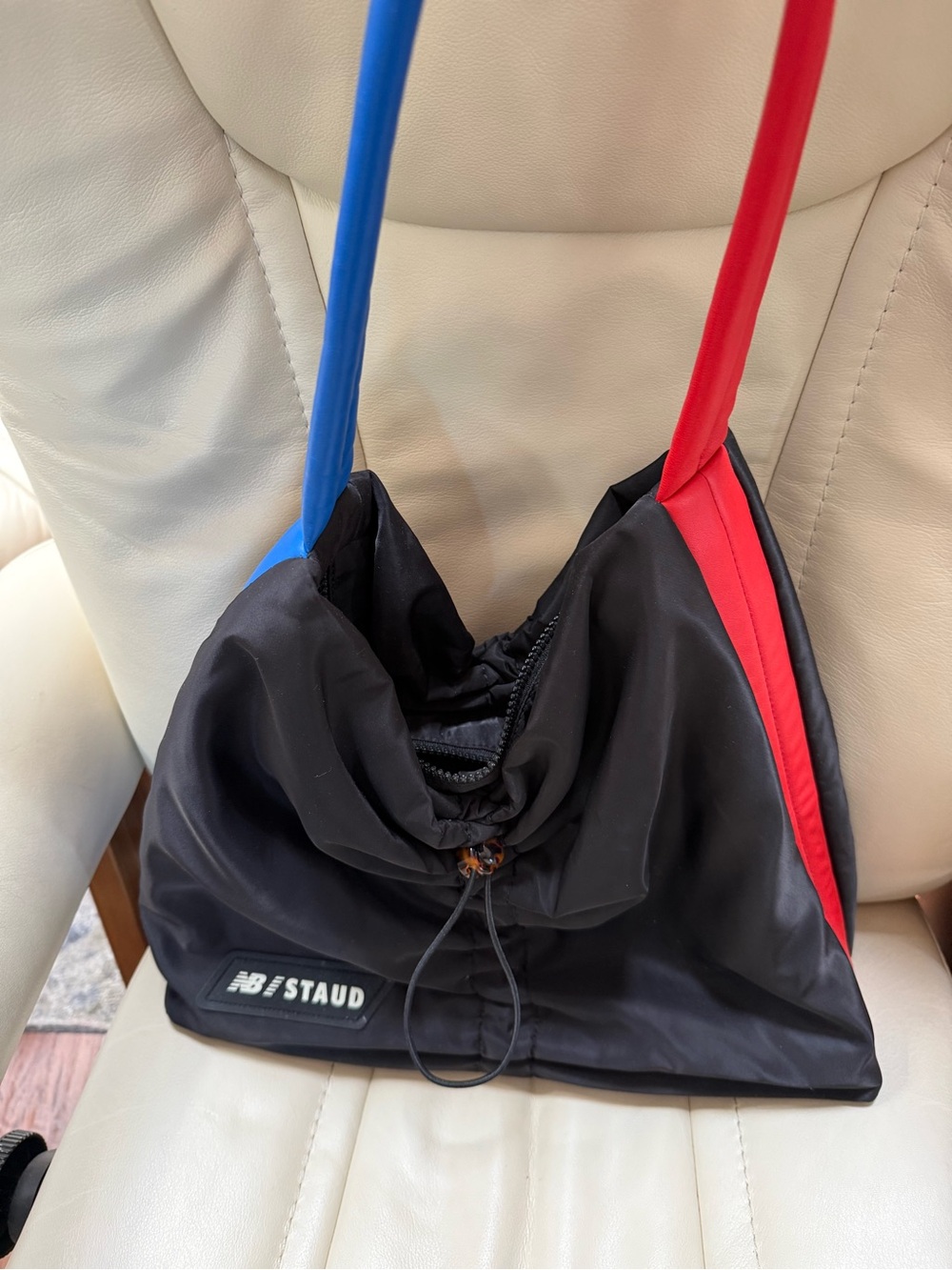 STAUD Black Shoulder Bag with Red & Blue Straps